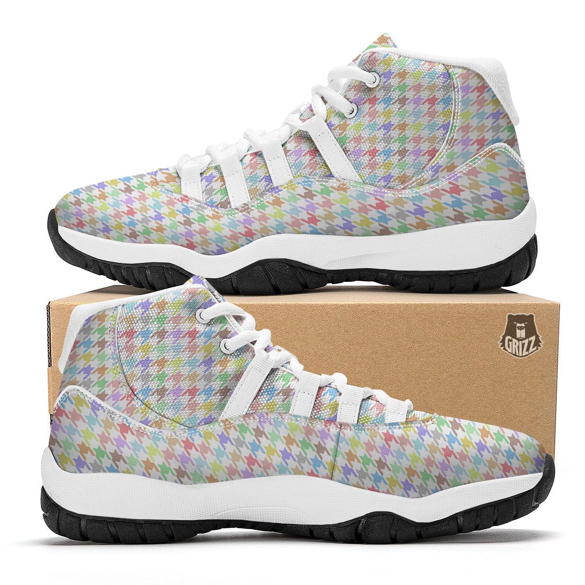 Houndstooth Colorful Print White Bball Shoes-grizzshop
