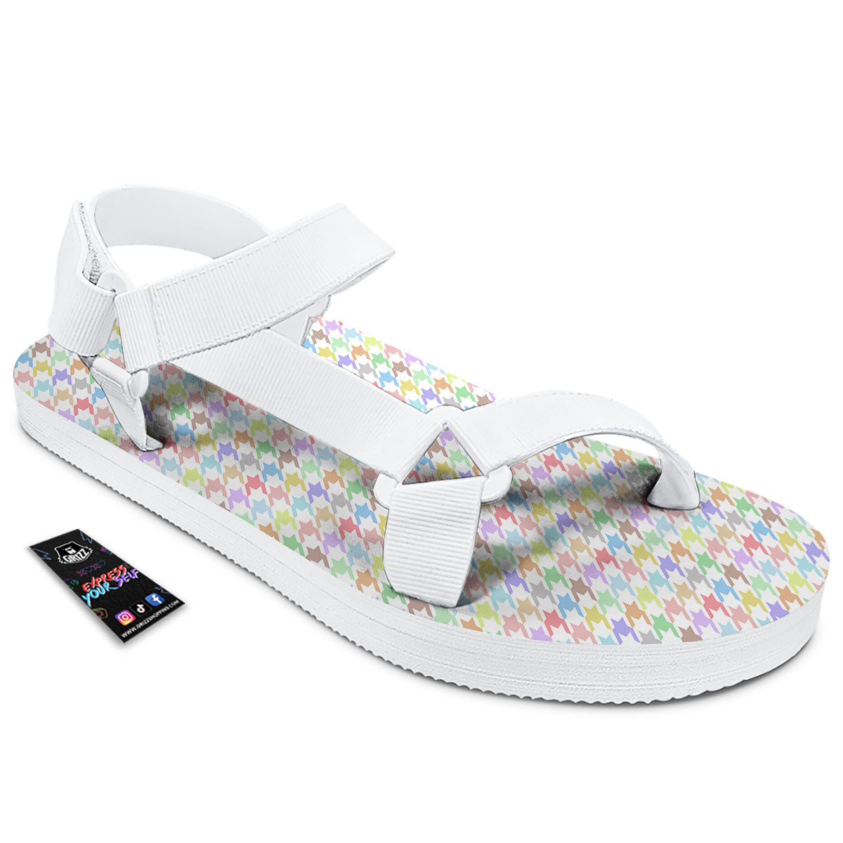 Houndstooth Colorful Print White Open Toe Sandals-grizzshop