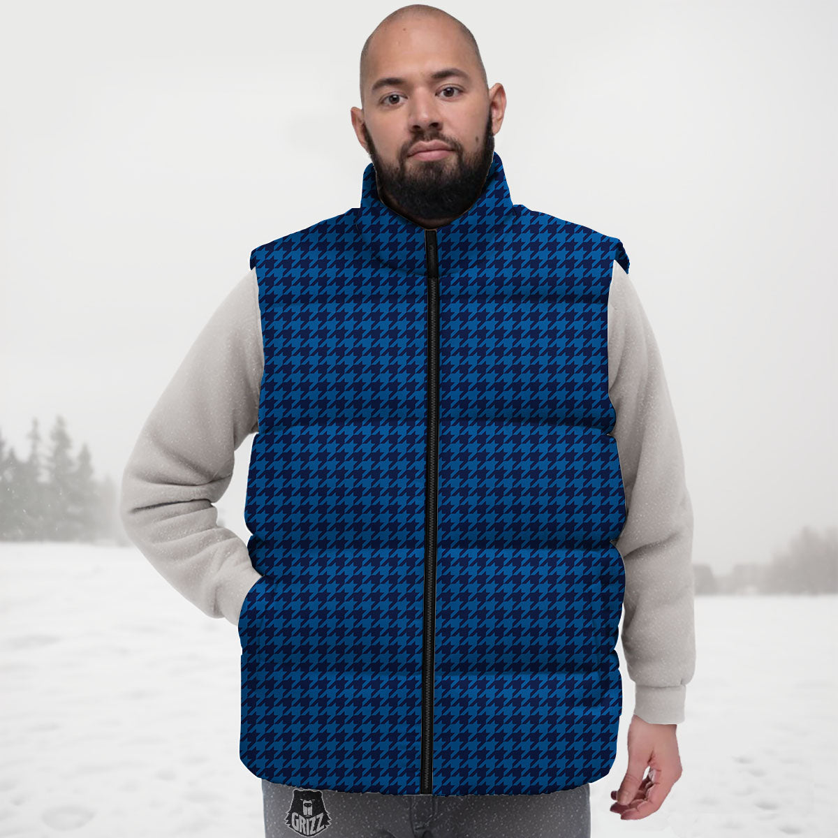 Houndstooth Deep Blue Print Pattern Down Vest