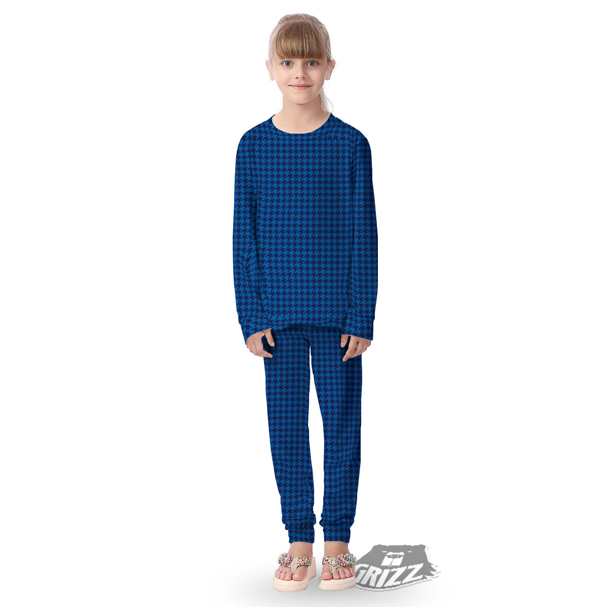 Houndstooth Deep Blue Print Pattern Kid's Pajamas-grizzshop