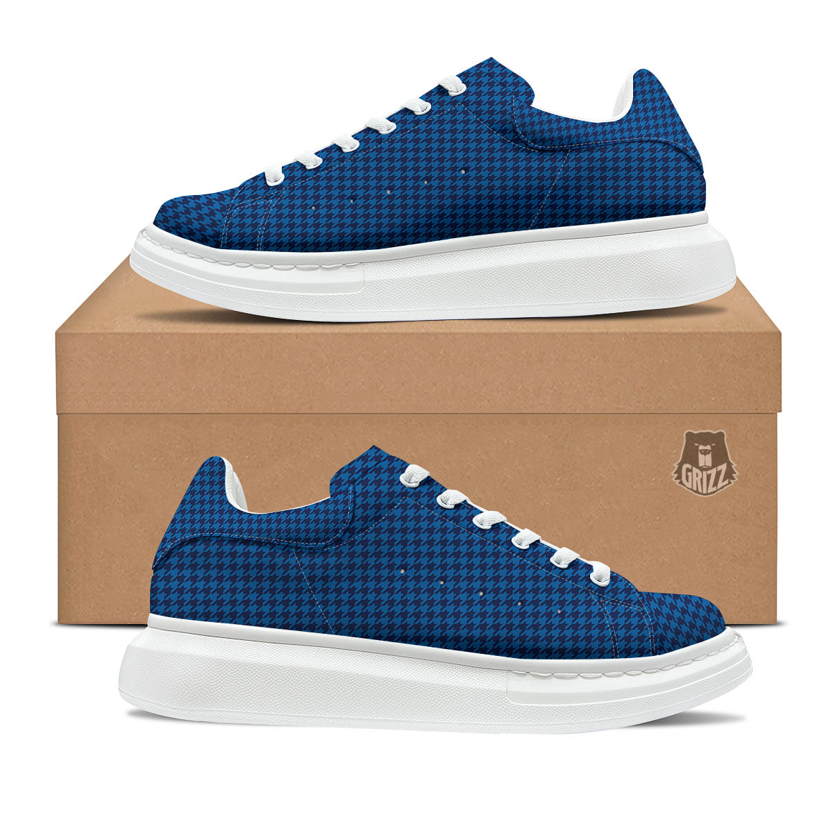Houndstooth Deep Blue Print Pattern Platform Shoes-grizzshop
