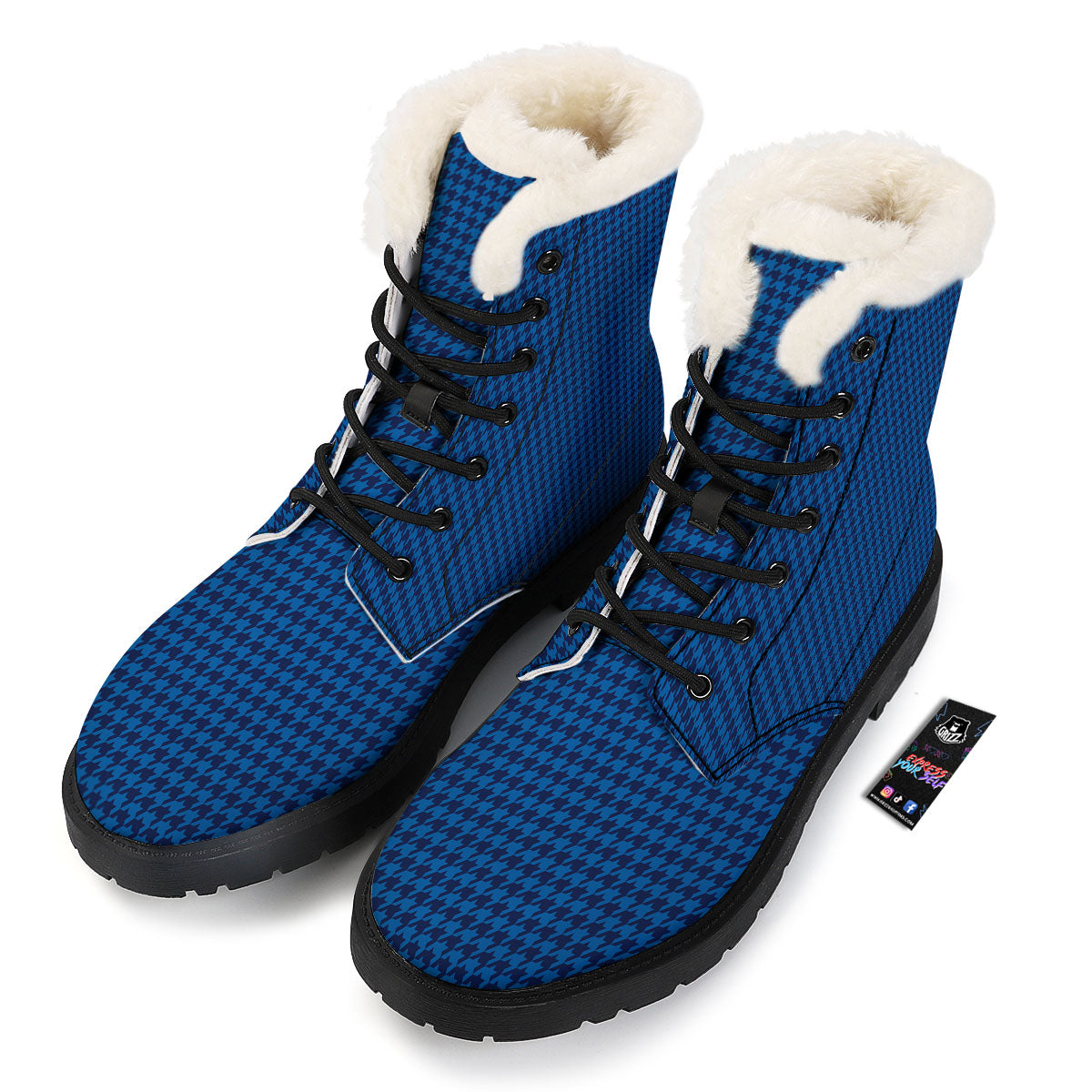 Houndstooth Deep Blue Print Pattern Winter Boots-grizzshop