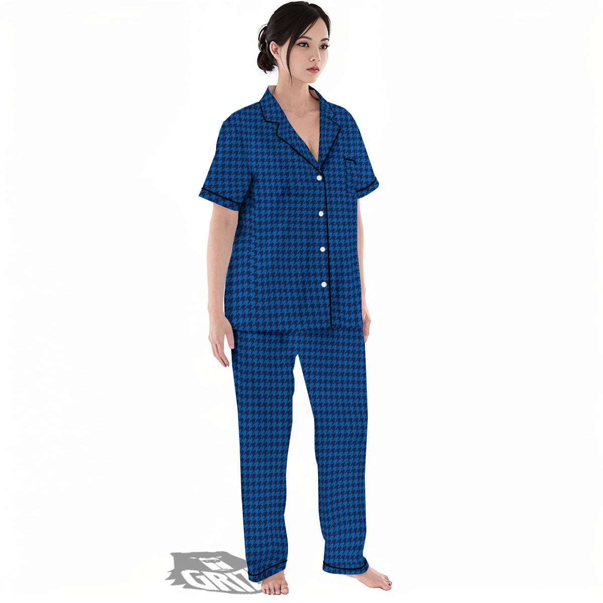 Houndstooth Deep Blue Print Pattern Women's Pajamas Set-grizzshop