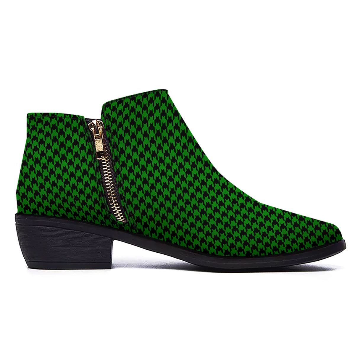 Houndstooth Deep Green Print Pattern Ankle Boots-grizzshop