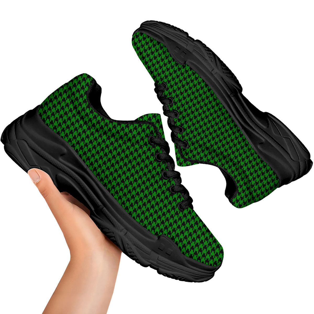 Houndstooth Deep Green Print Pattern Black Chunky Shoes-grizzshop
