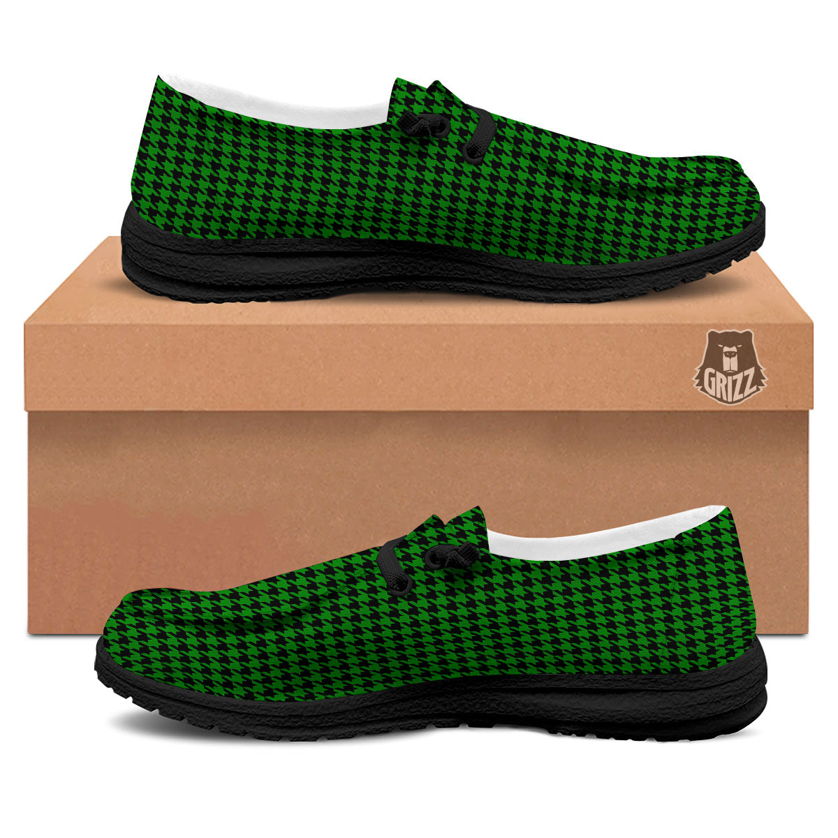 Houndstooth Deep Green Print Pattern Black Loafers-grizzshop