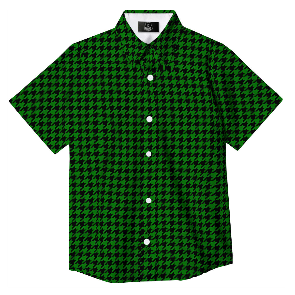 Houndstooth Deep Green Print Pattern Button Up Shirt-grizzshop