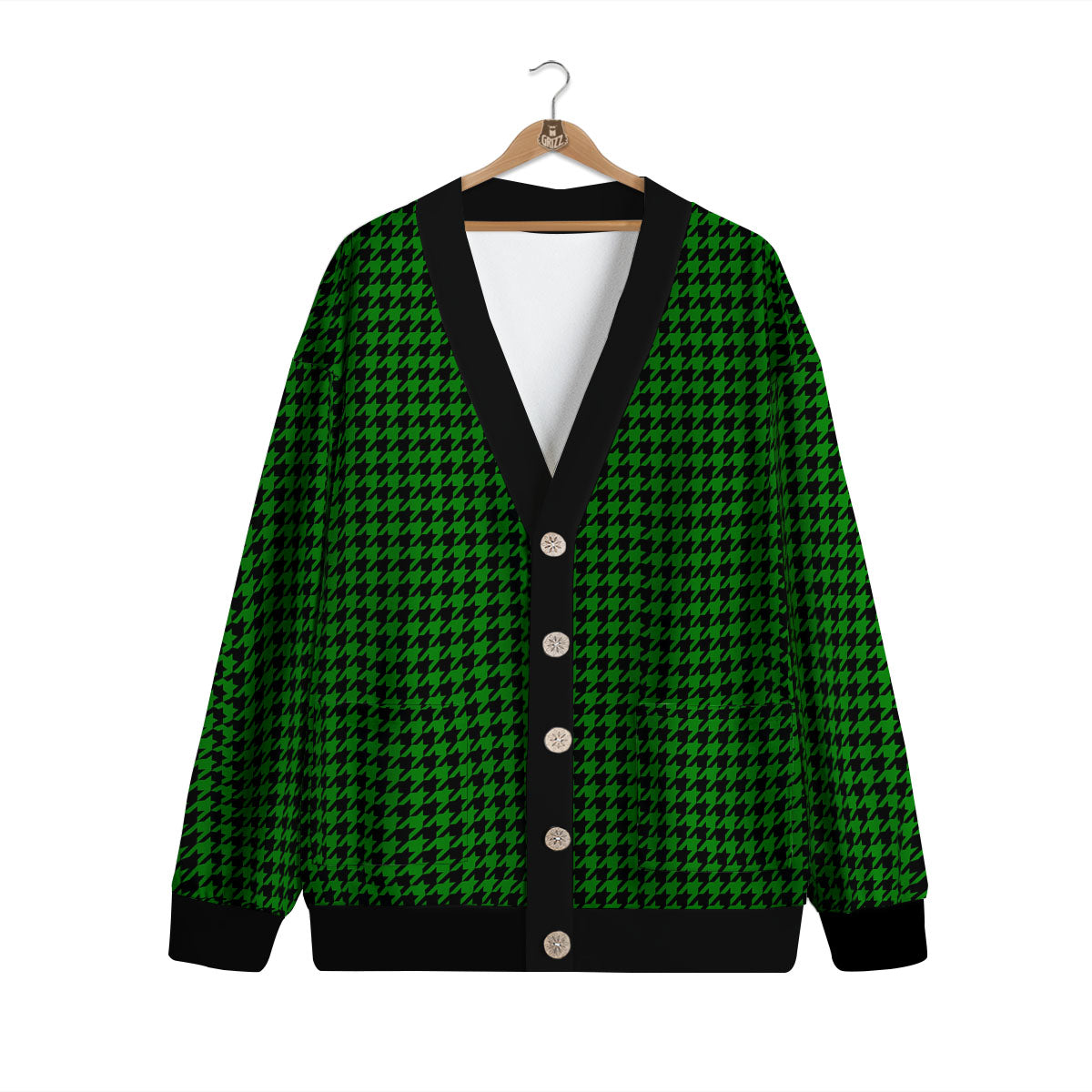 Houndstooth Deep Green Print Pattern Cardigan-grizzshop