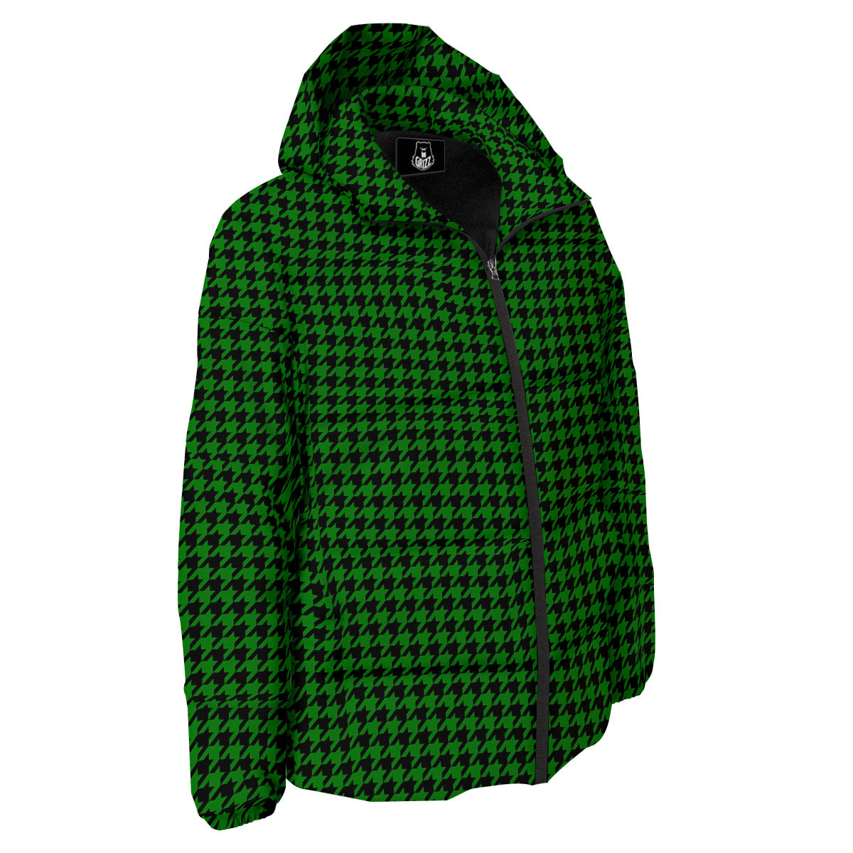 Houndstooth Deep Green Print Pattern Down Jacket-grizzshop