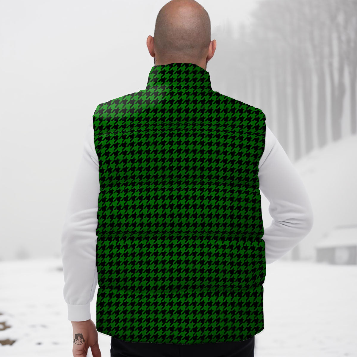 Houndstooth Deep Green Print Pattern Down Vest