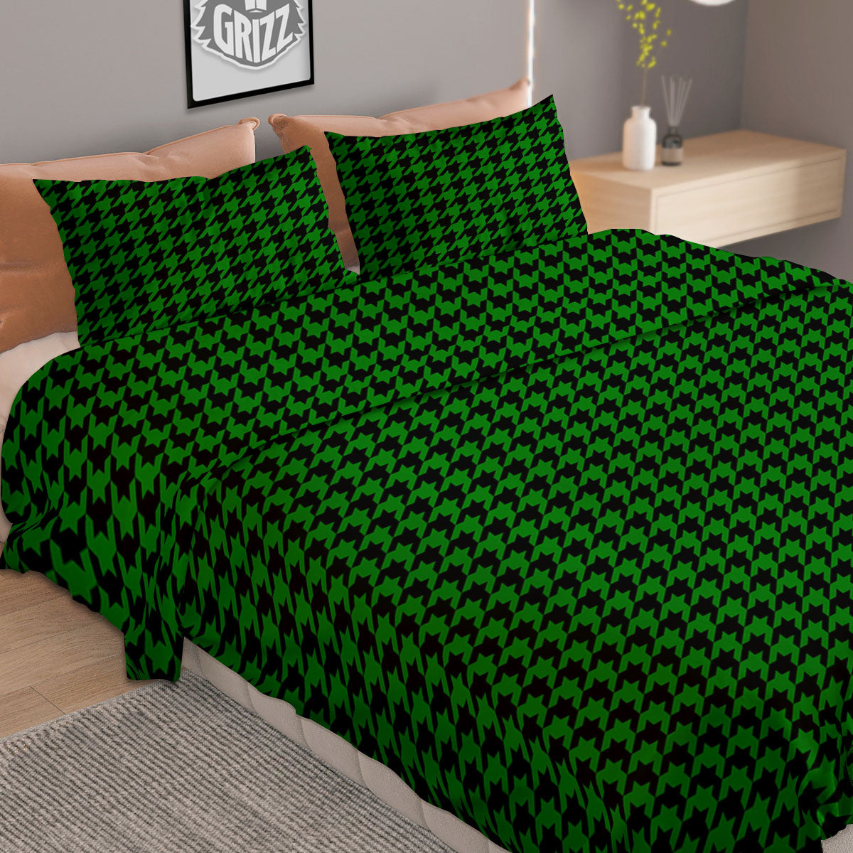 Houndstooth Deep Green Print Pattern Duvet Cover Bedding Set