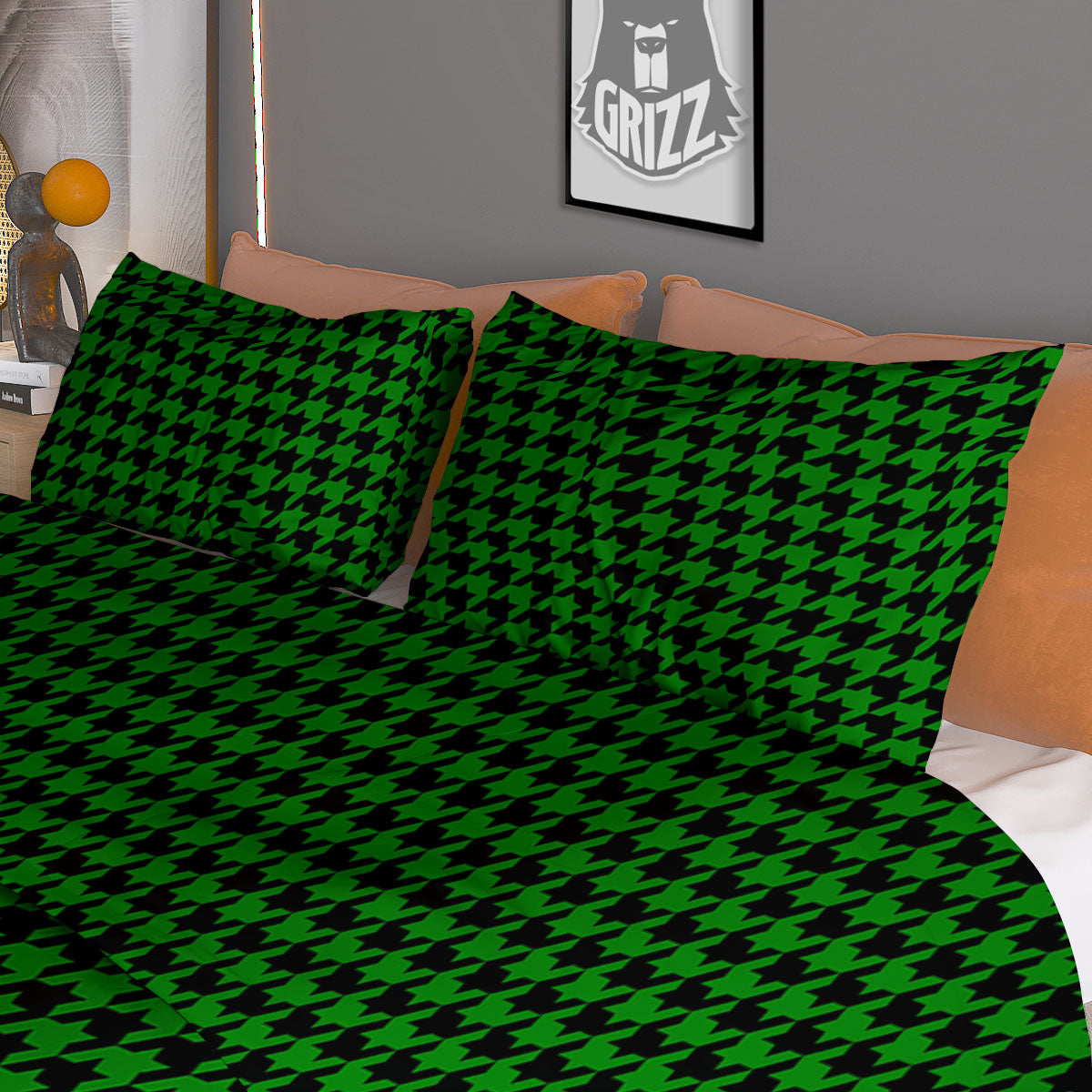 Houndstooth Deep Green Print Pattern Duvet Cover Bedding Set