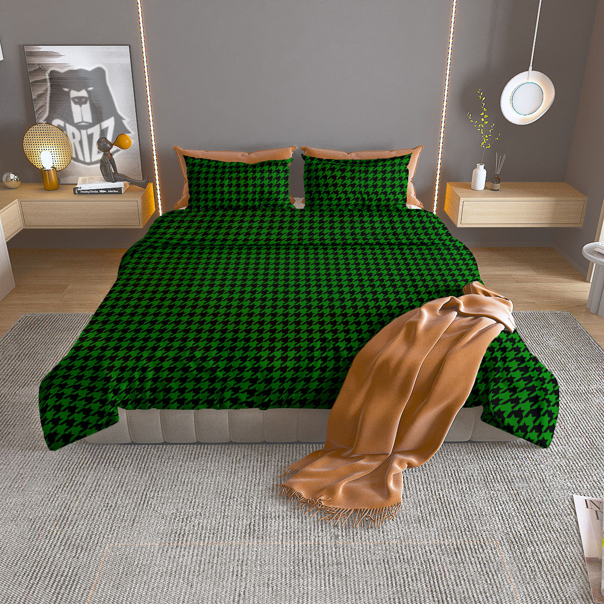 Houndstooth Deep Green Print Pattern Duvet Cover Bedding Set