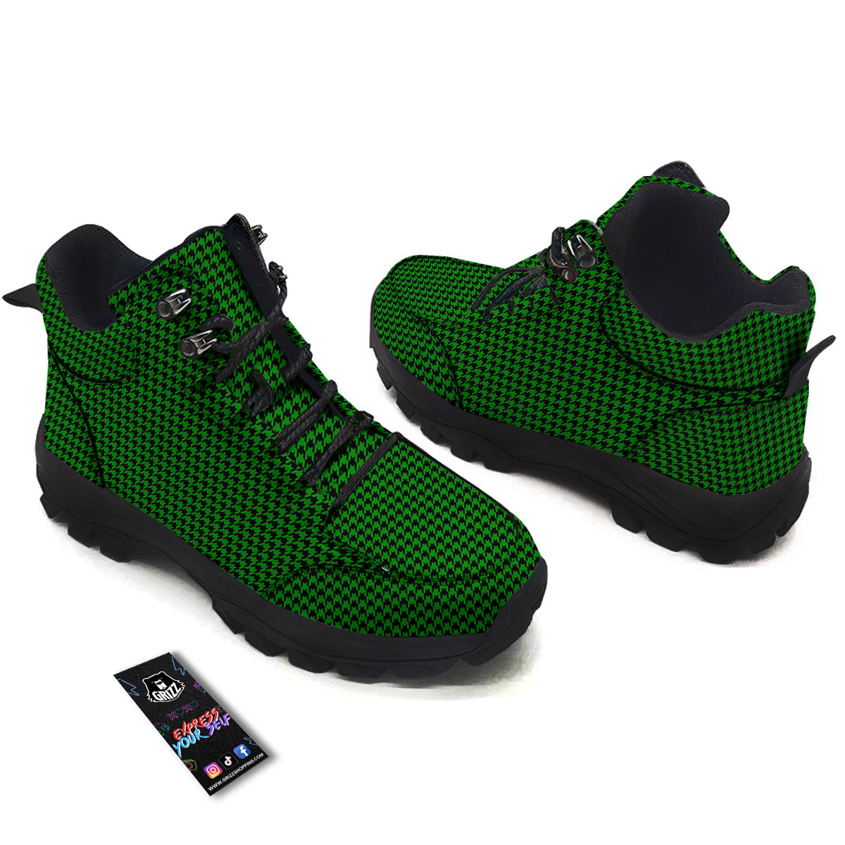 Houndstooth Deep Green Print Pattern Hiking Shoes-grizzshop