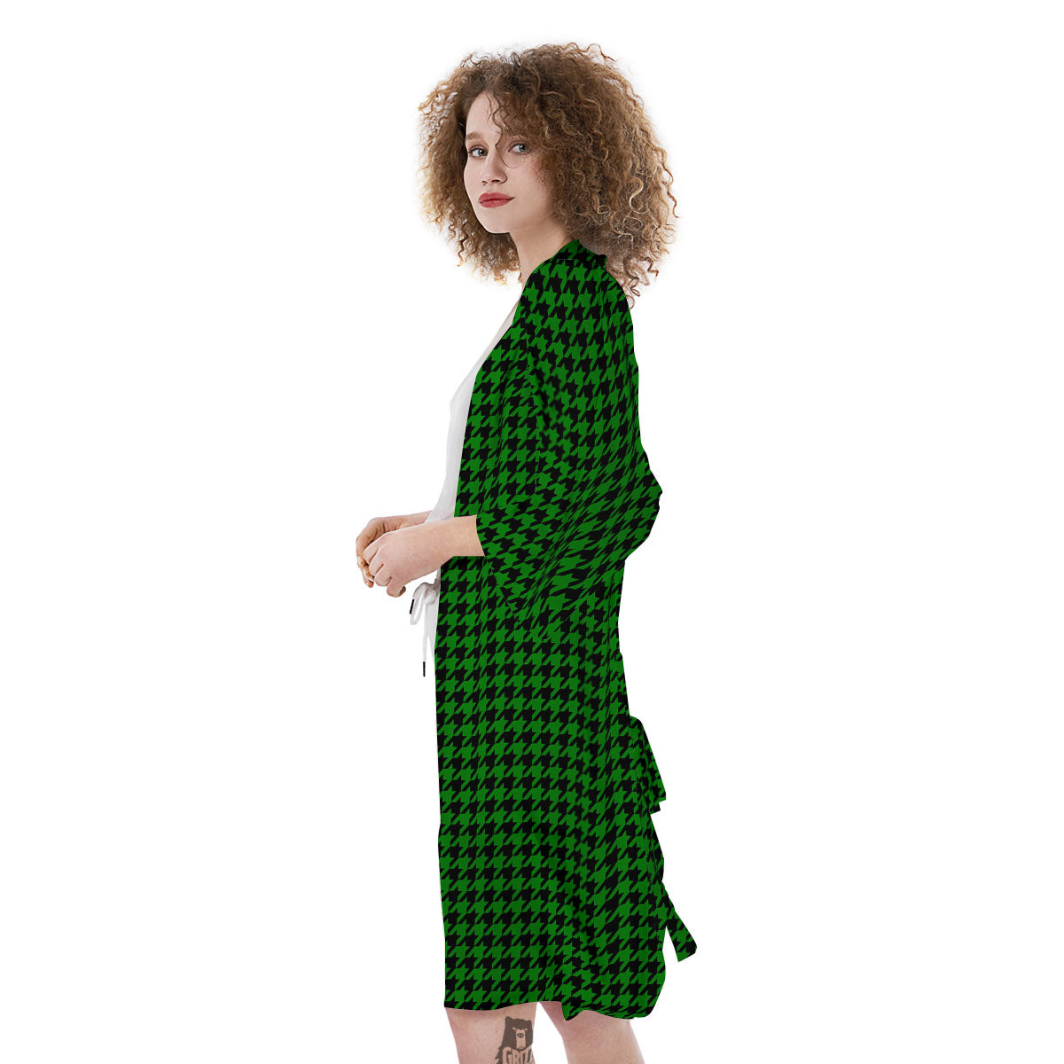 Houndstooth Deep Green Print Pattern Kimono-grizzshop