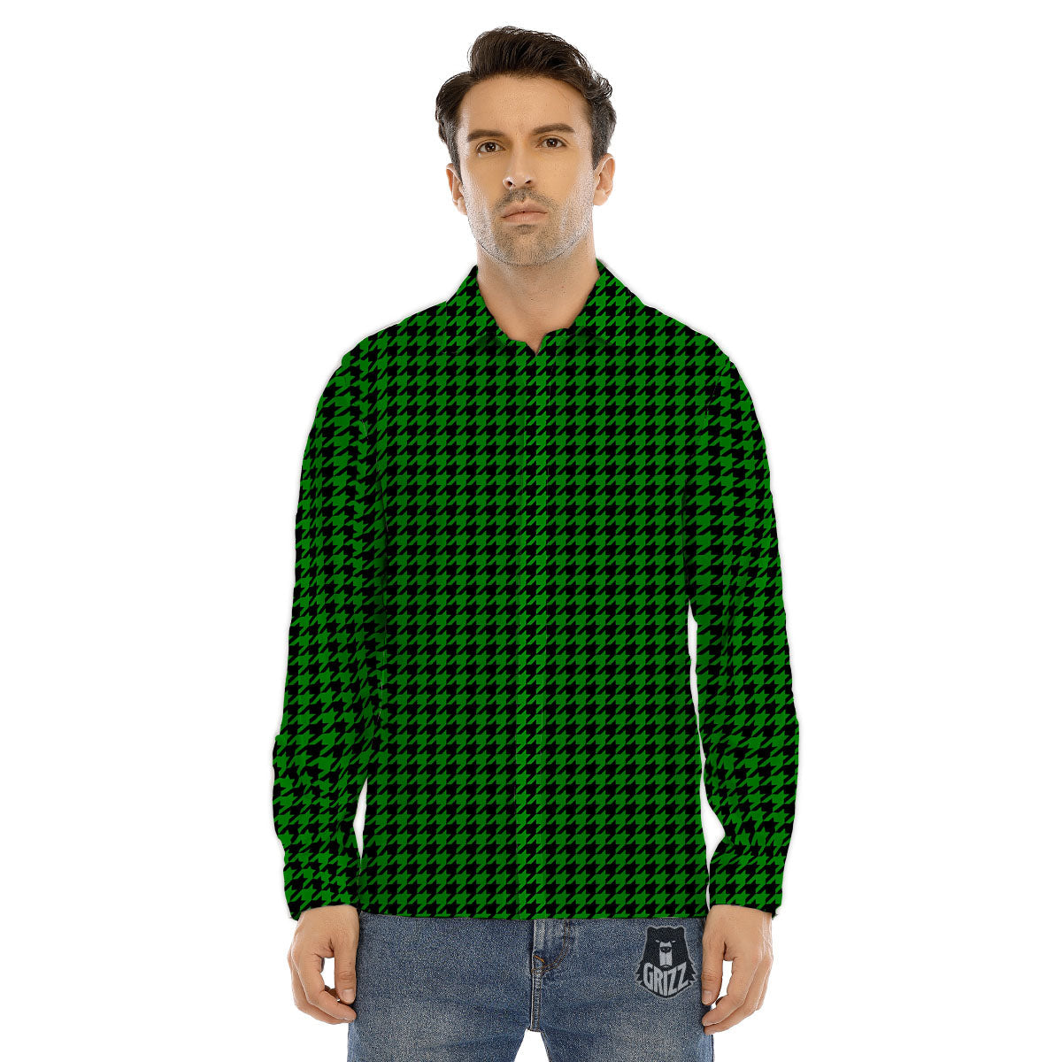 Houndstooth Deep Green Print Pattern Men's Dress Shirts-grizzshop