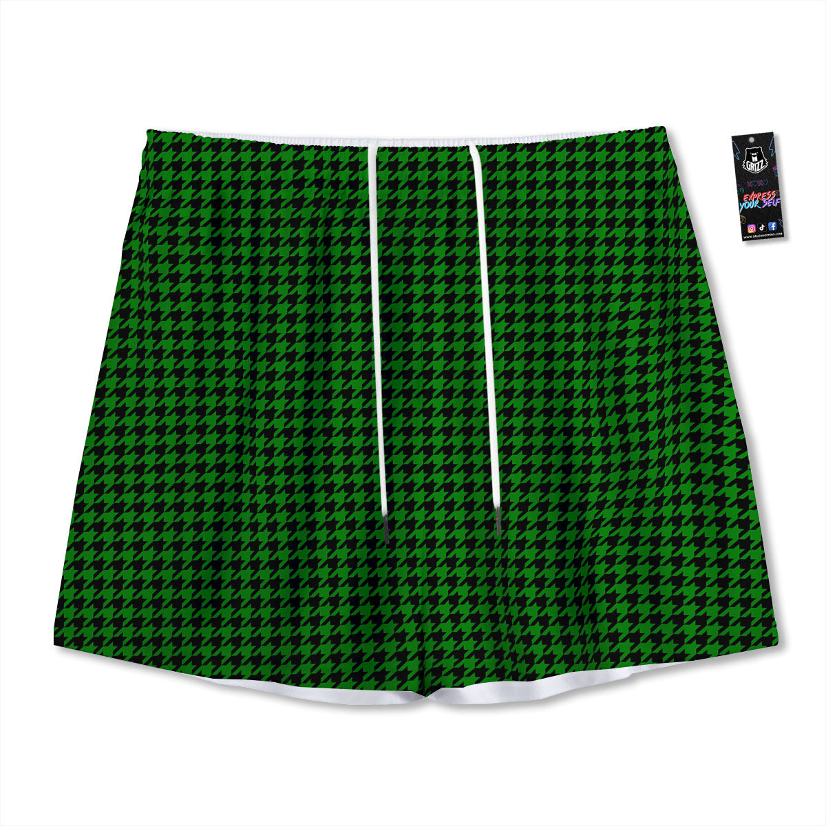 Houndstooth Deep Green Print Pattern Mesh Shorts