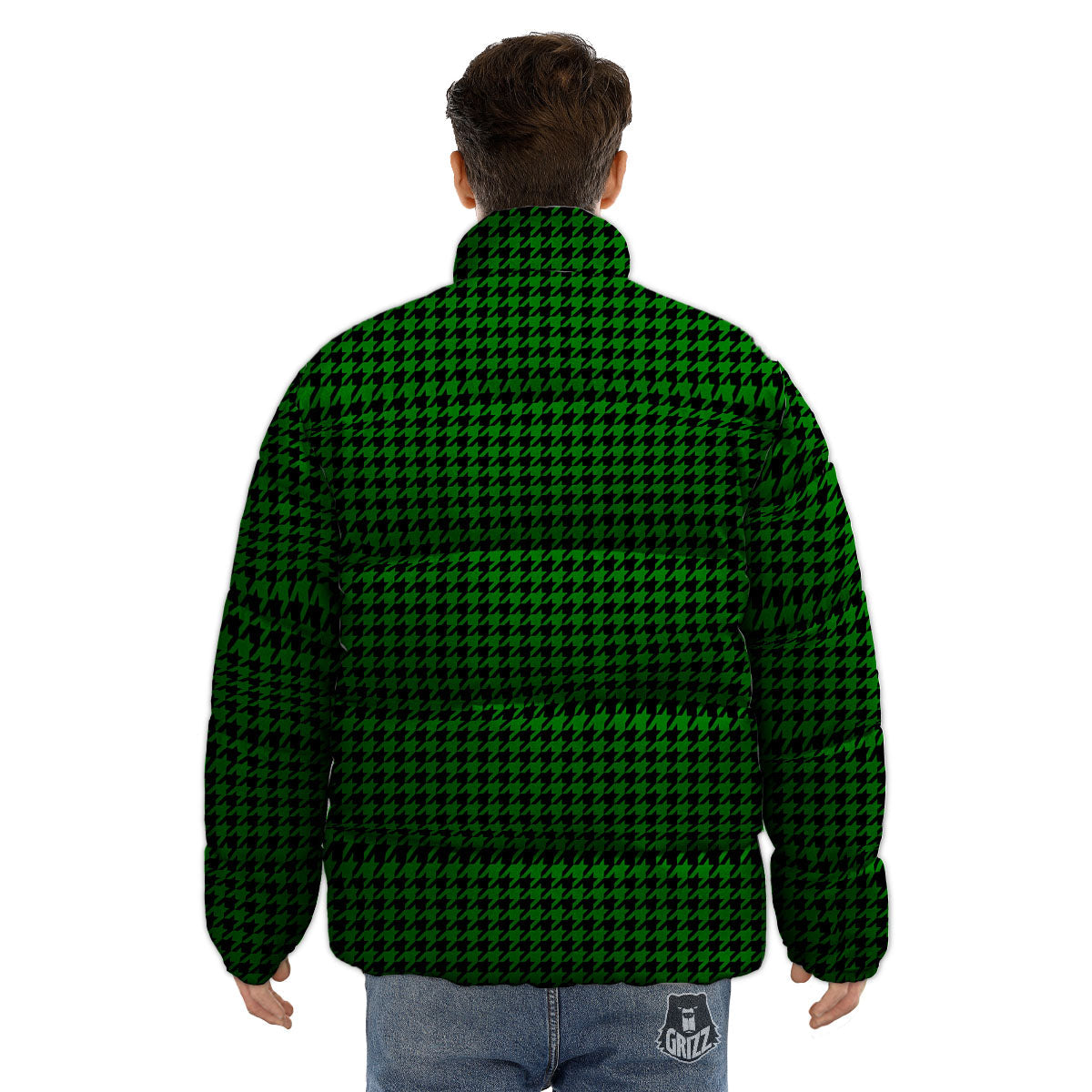Houndstooth Deep Green Print Pattern Puffer Jacket-grizzshop