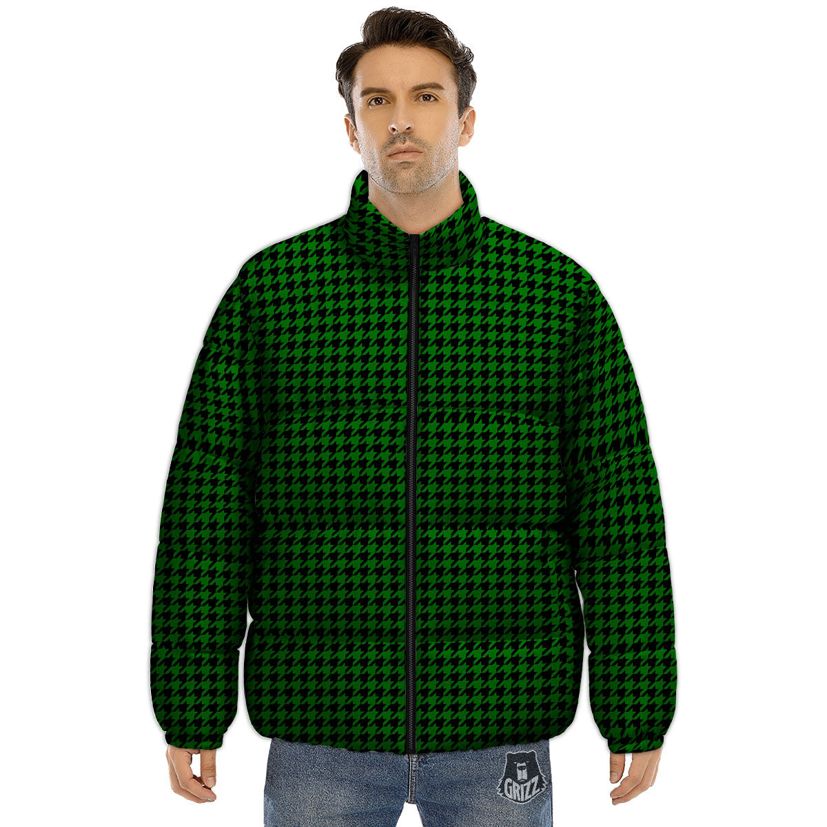 Houndstooth Deep Green Print Pattern Puffer Jacket-grizzshop