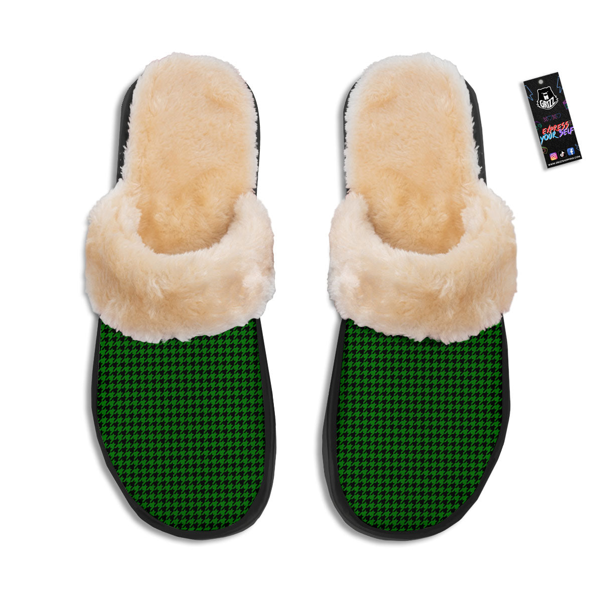 Houndstooth Deep Green Print Pattern Slippers-grizzshop