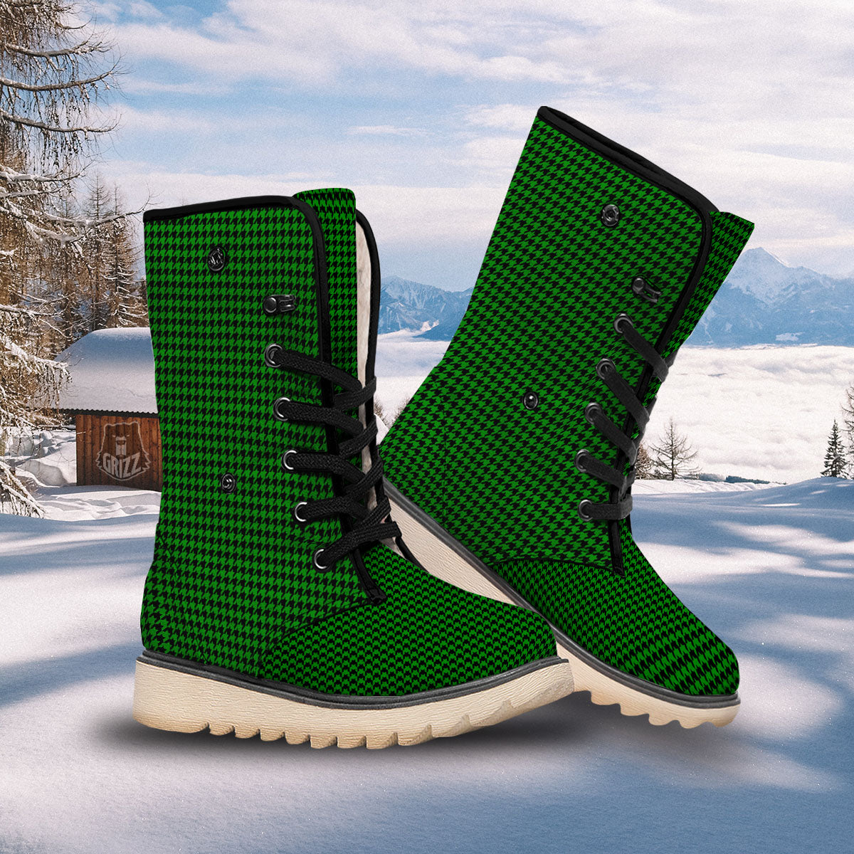 Houndstooth Deep Green Print Pattern Snow Boots-grizzshop