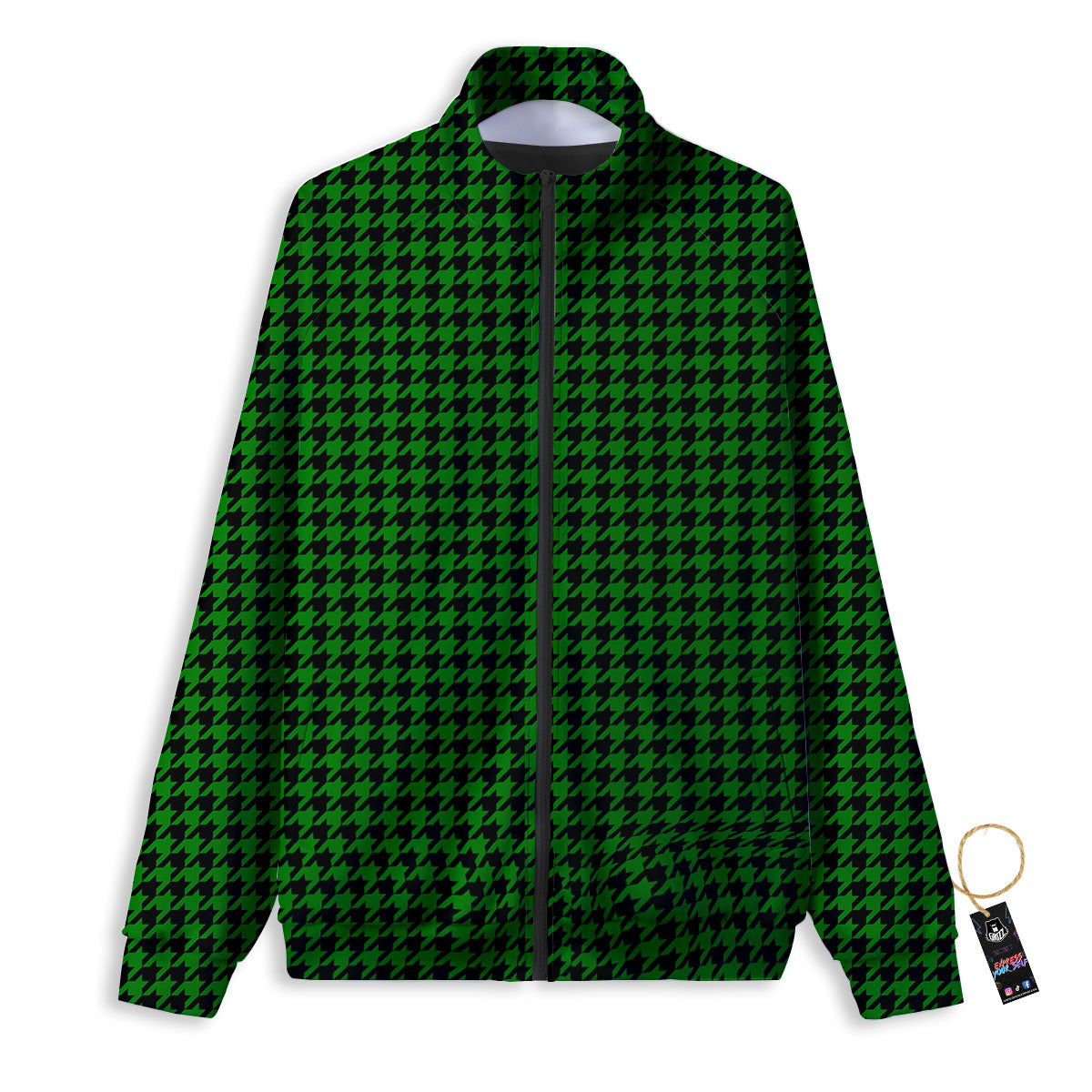 Houndstooth Deep Green Print Pattern Track Jacket-grizzshop