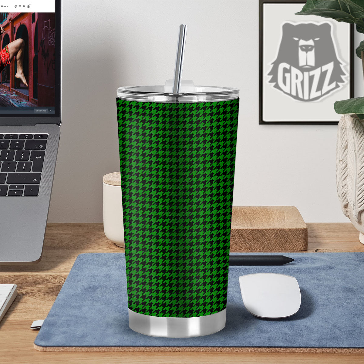 Houndstooth Deep Green Print Pattern Tumbler-grizzshop