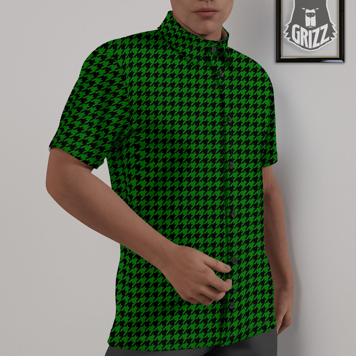 Houndstooth Deep Green Print Pattern Untucked Shirts-grizzshop