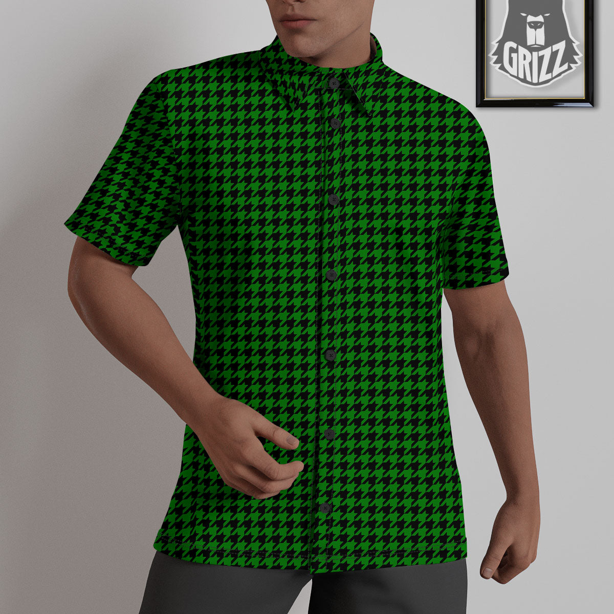 Houndstooth Deep Green Print Pattern Untucked Shirts-grizzshop