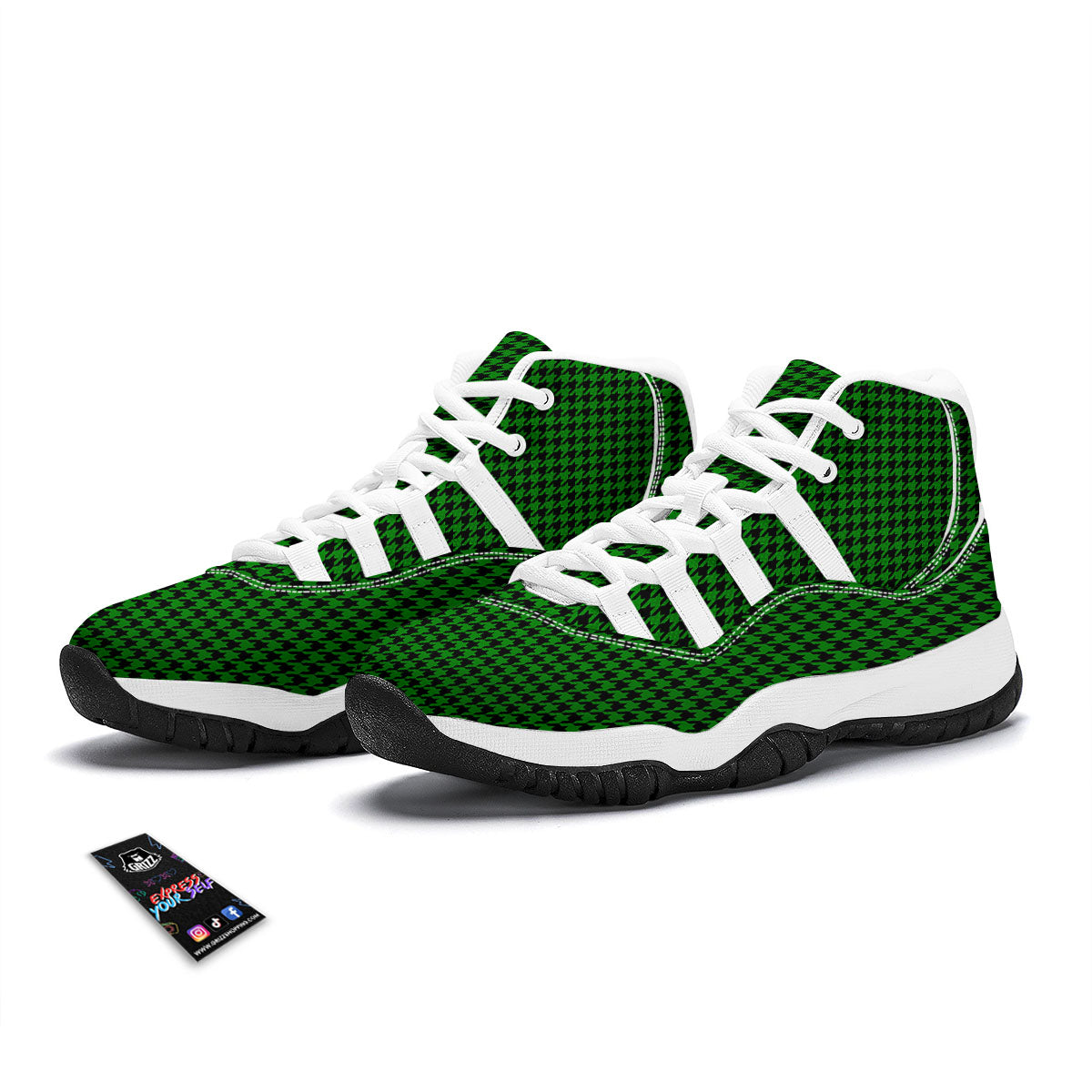 Houndstooth Deep Green Print Pattern White Bball Shoes-grizzshop