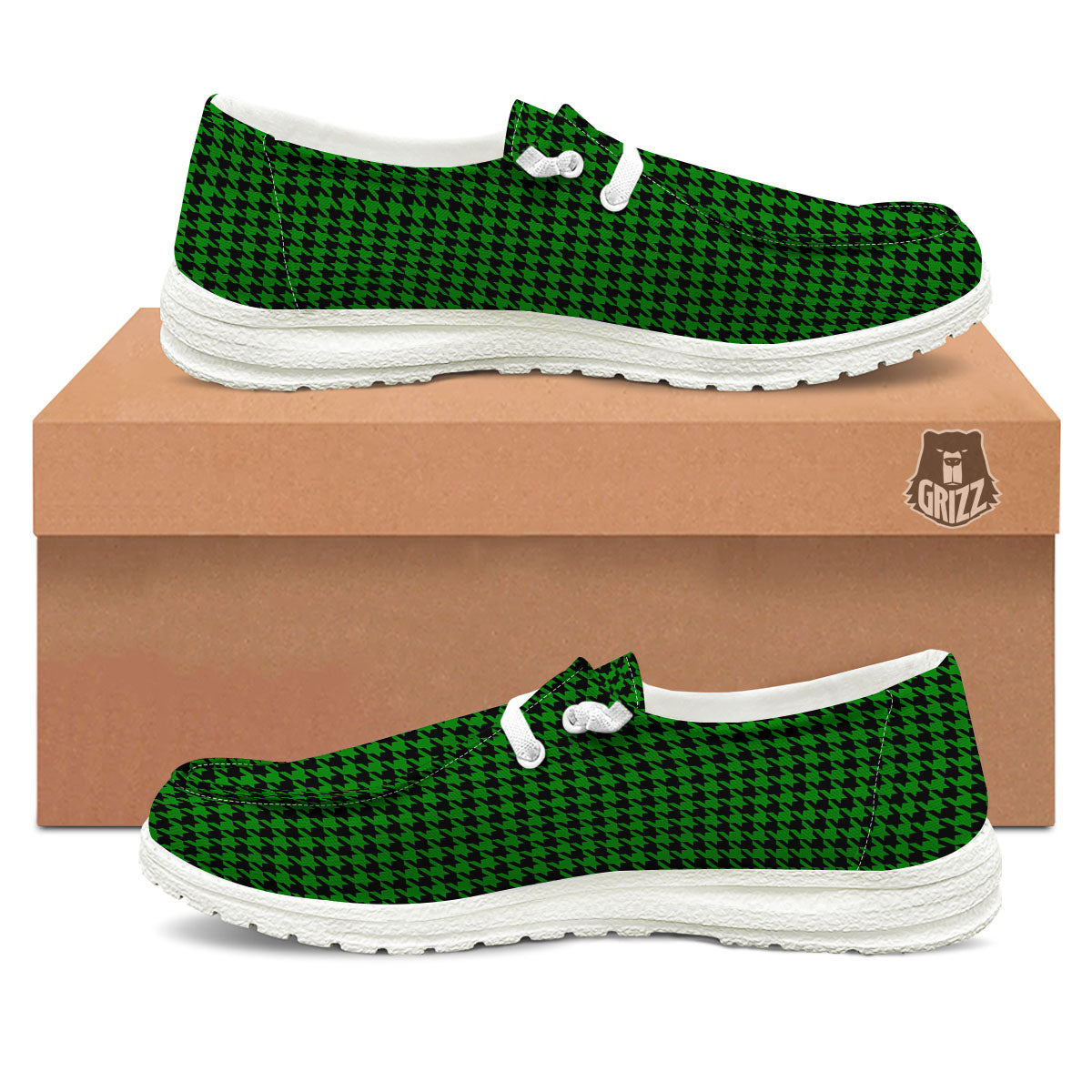 Houndstooth Deep Green Print Pattern White Loafers-grizzshop