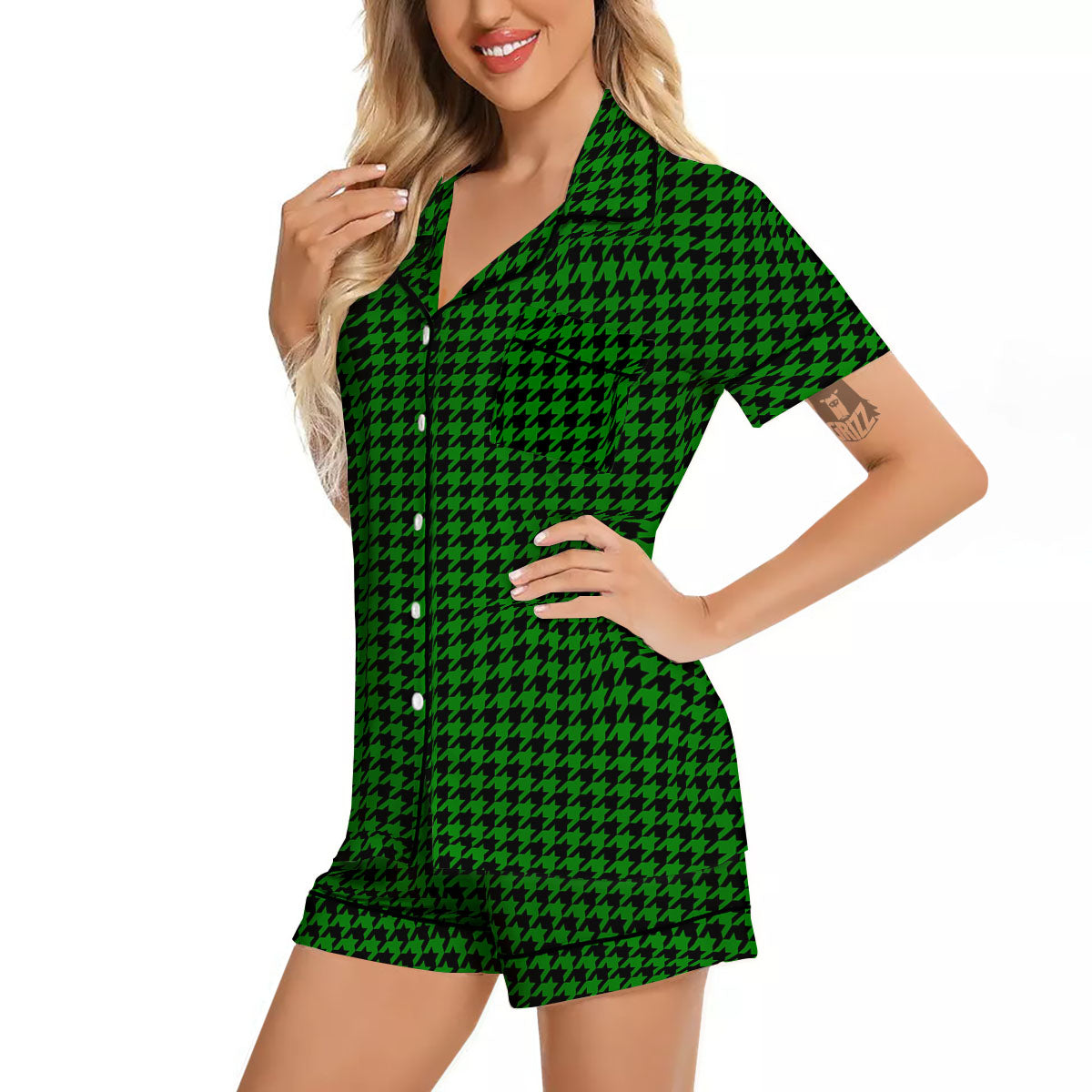 Houndstooth Deep Green Print Pattern Women Silk Pajamas-grizzshop