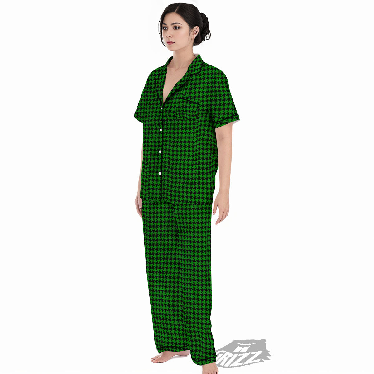 Houndstooth Deep Green Print Pattern Women's Pajamas Set-grizzshop