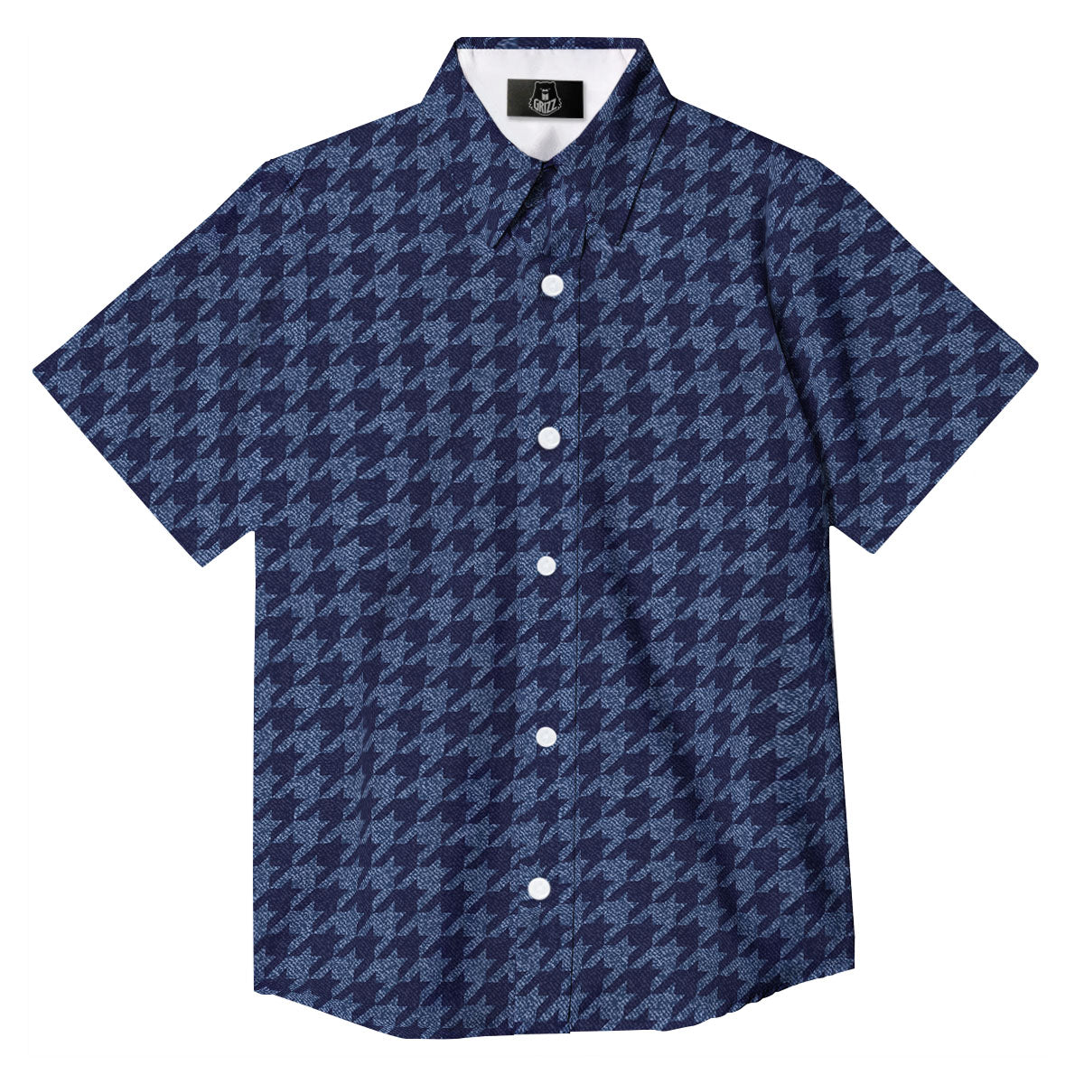 Houndstooth Denim Print Pattern Button Up Shirt-grizzshop