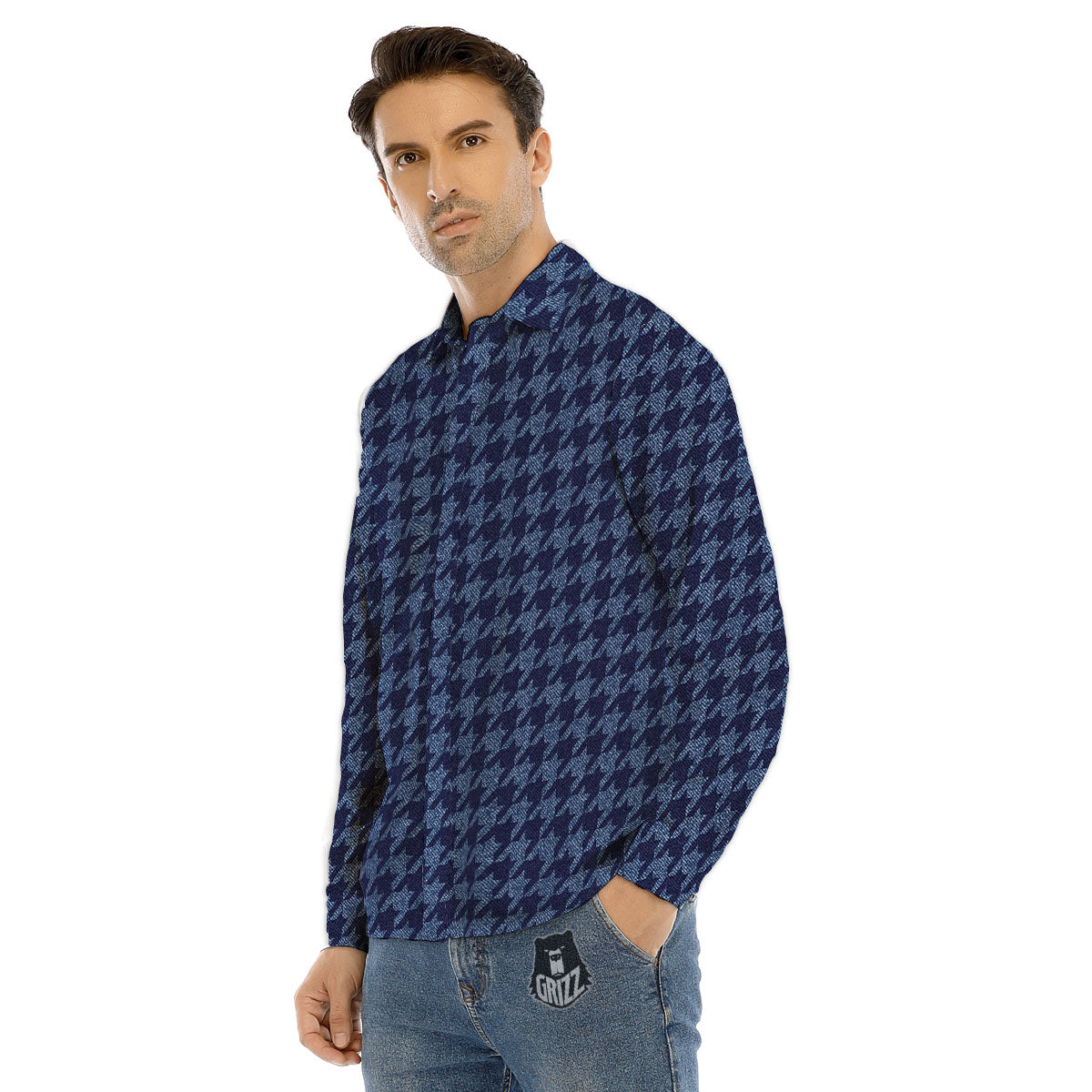 Houndstooth Denim Print Pattern Men's Dress Shirts-grizzshop