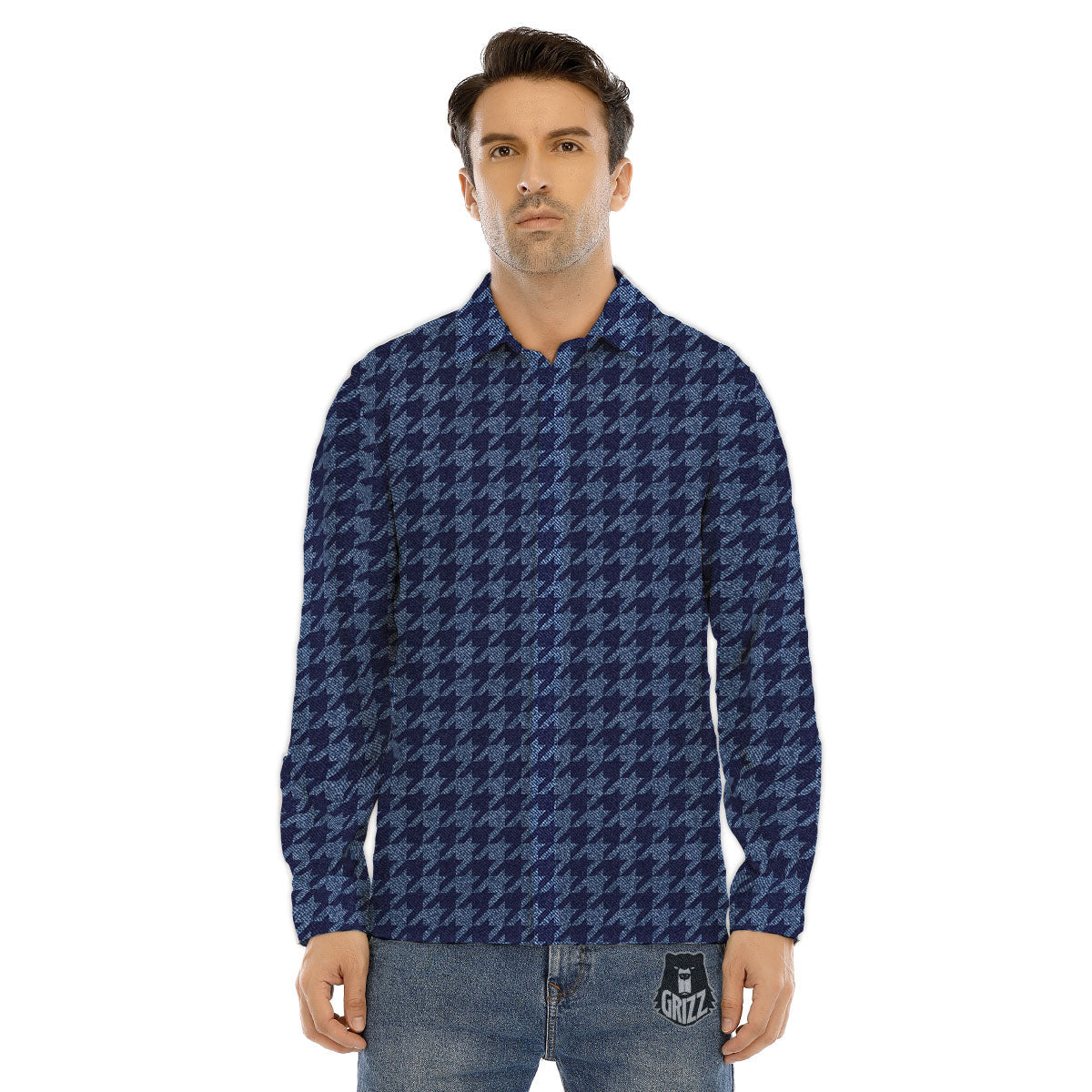 Houndstooth Denim Print Pattern Men's Dress Shirts-grizzshop