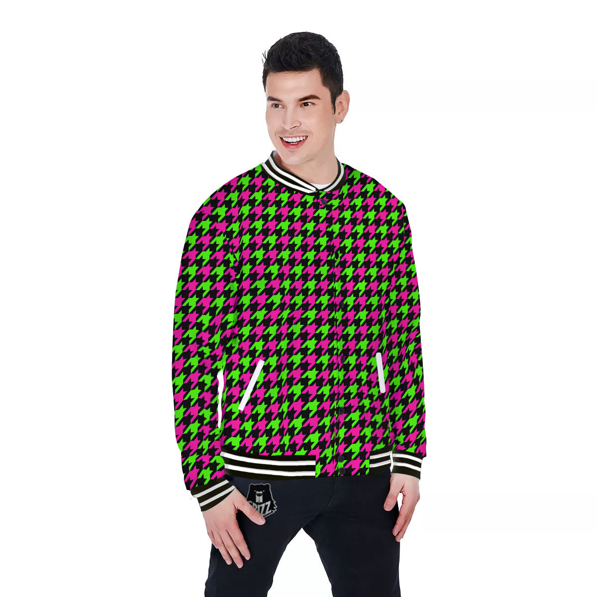 Houndstooth Green And Pink Print Pattern Baseball Jacket-grizzshop
