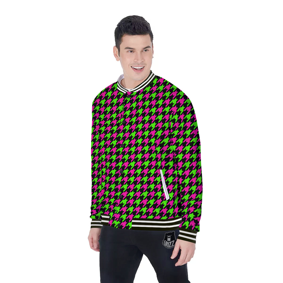 Houndstooth Green And Pink Print Pattern Baseball Jacket-grizzshop