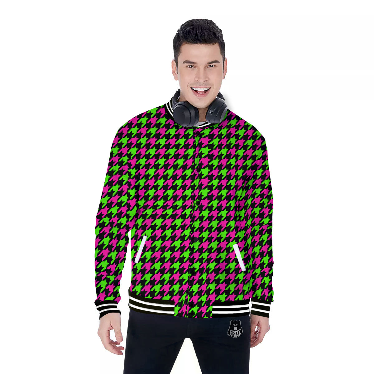 Houndstooth Green And Pink Print Pattern Baseball Jacket-grizzshop