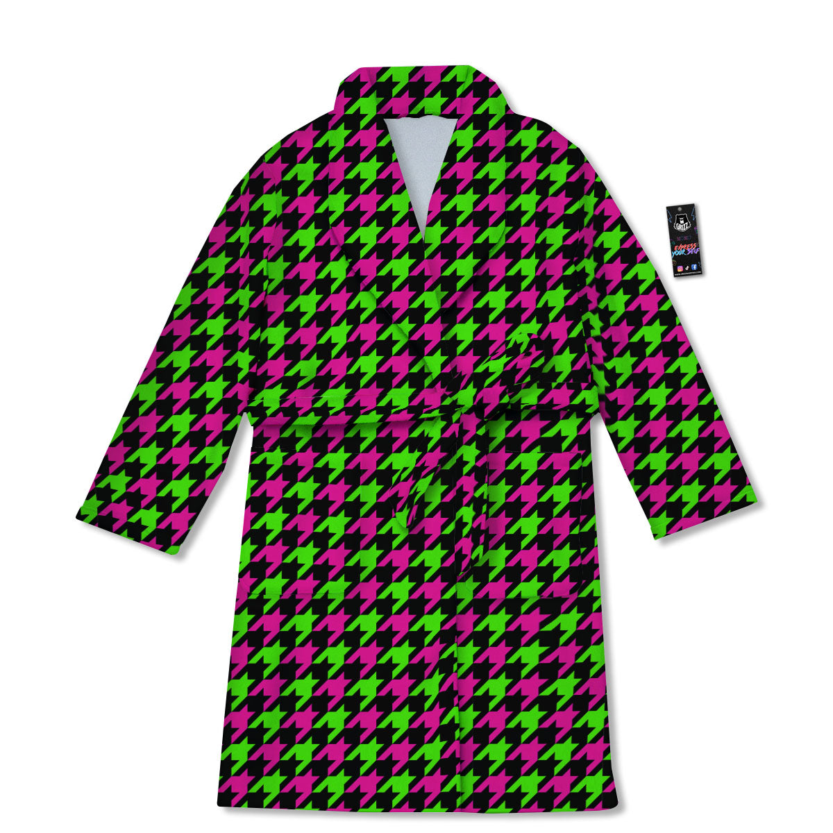 Houndstooth Green And Pink Print Pattern Bathrobe-grizzshop