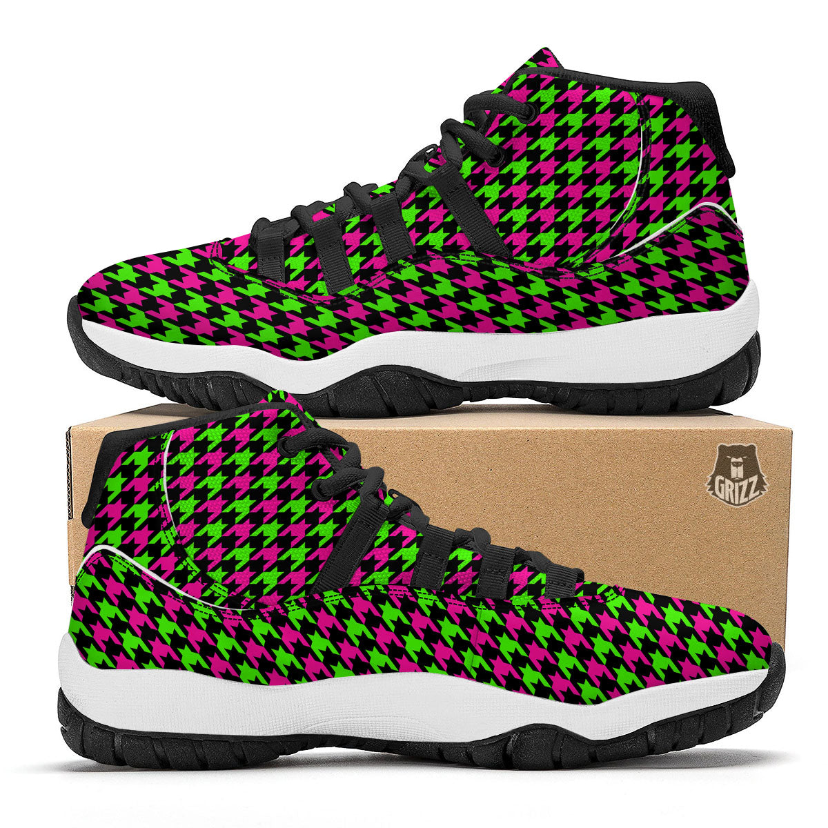 Houndstooth Green And Pink Print Pattern Black Bball Shoes-grizzshop