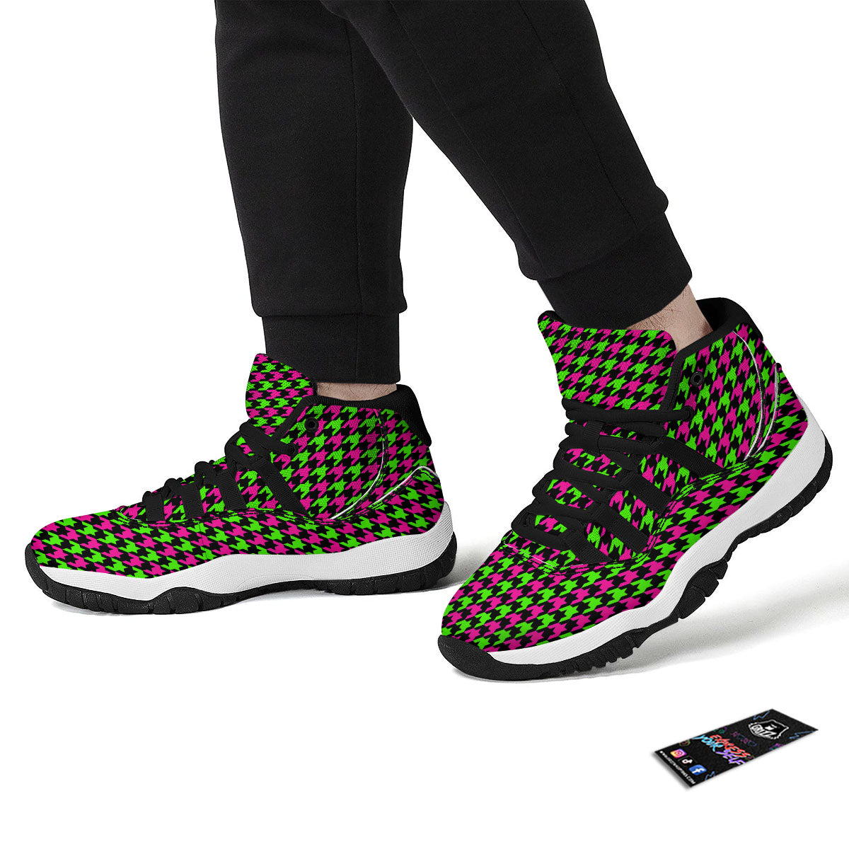 Houndstooth Green And Pink Print Pattern Black Bball Shoes-grizzshop