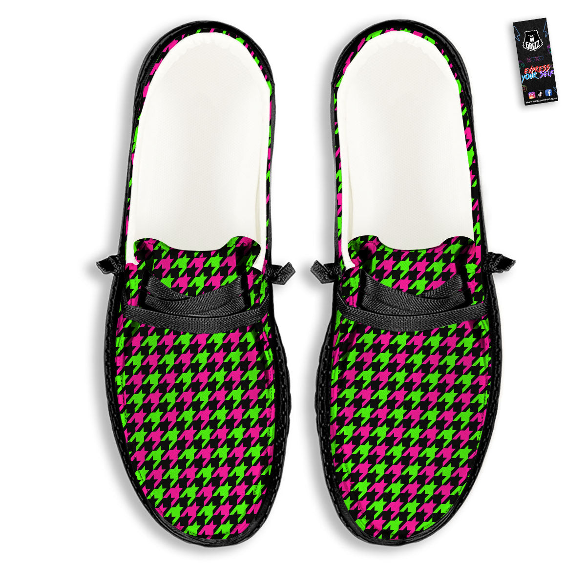 Houndstooth Green And Pink Print Pattern Black Loafers-grizzshop