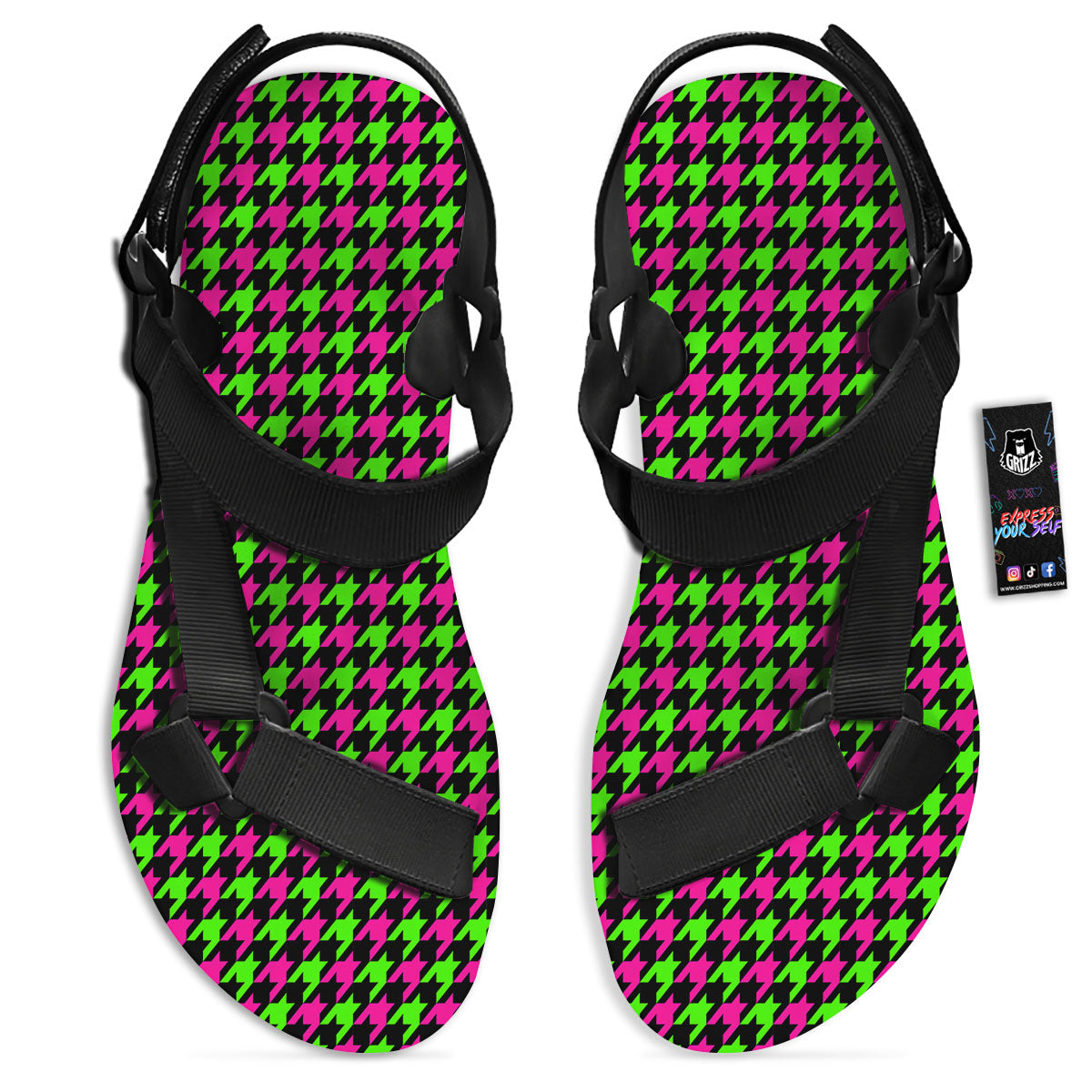 Houndstooth Green And Pink Print Pattern Black Open Toe Sandals-grizzshop