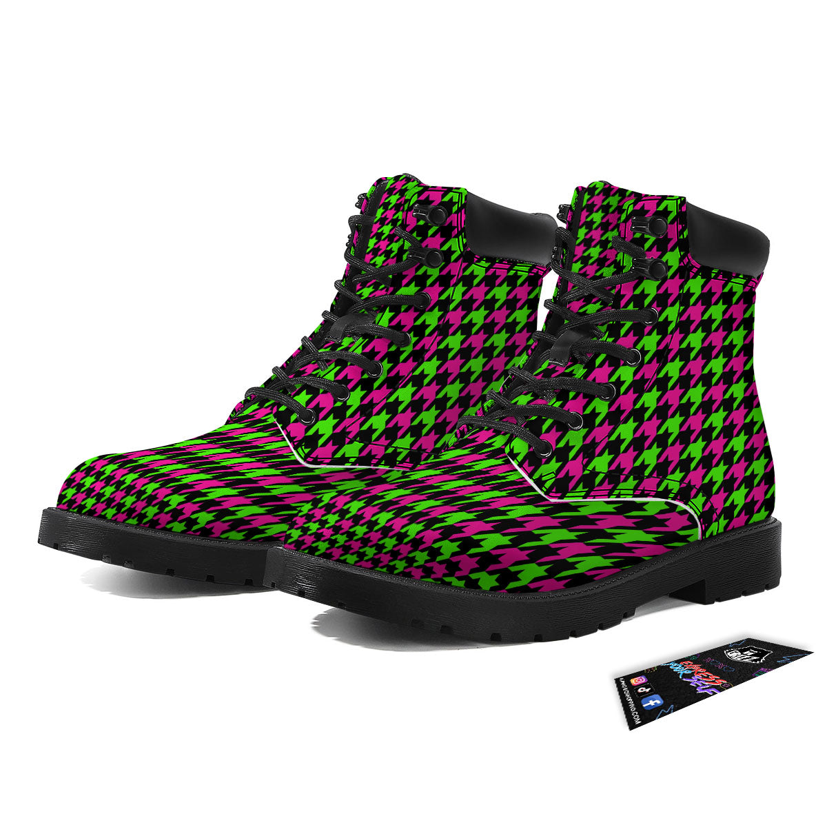 Houndstooth Green And Pink Print Pattern Boots-grizzshop
