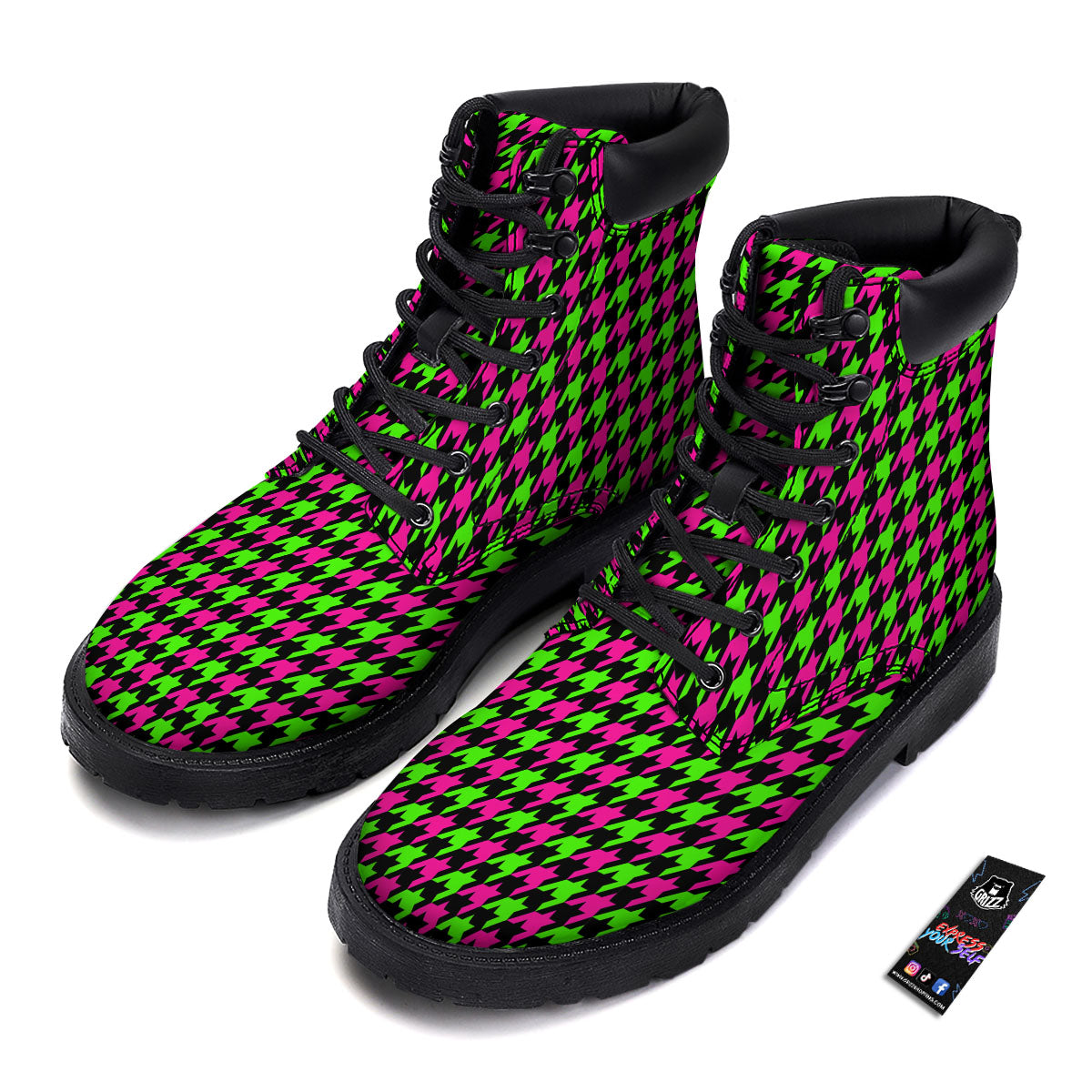 Houndstooth Green And Pink Print Pattern Boots-grizzshop