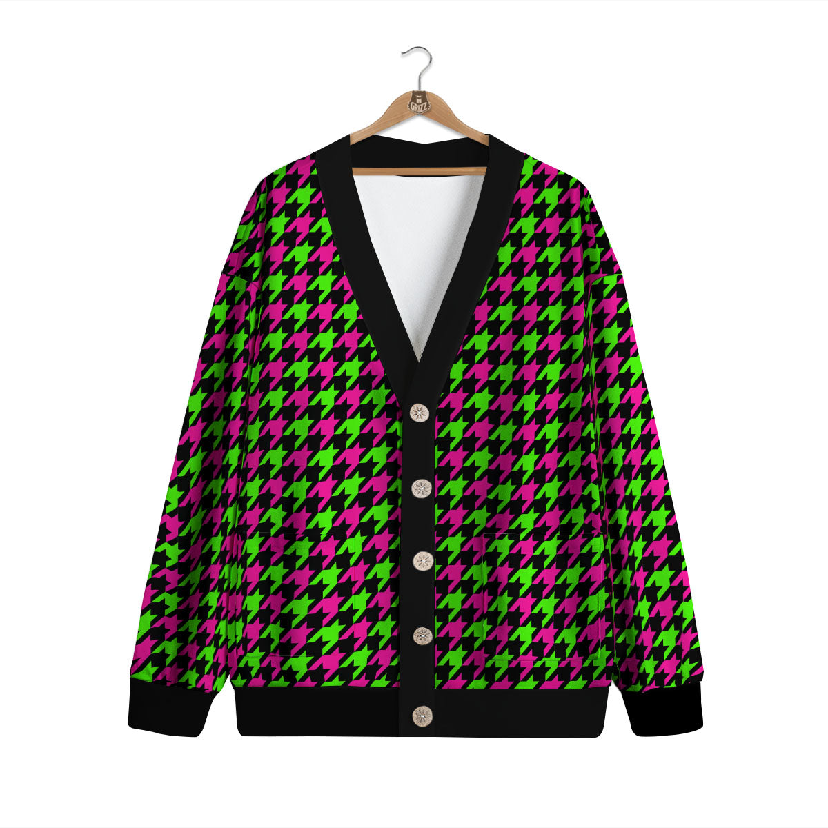 Houndstooth Green And Pink Print Pattern Cardigan-grizzshop