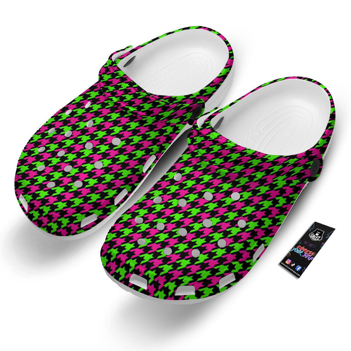 Houndstooth Green And Pink Print Pattern Clog-grizzshop