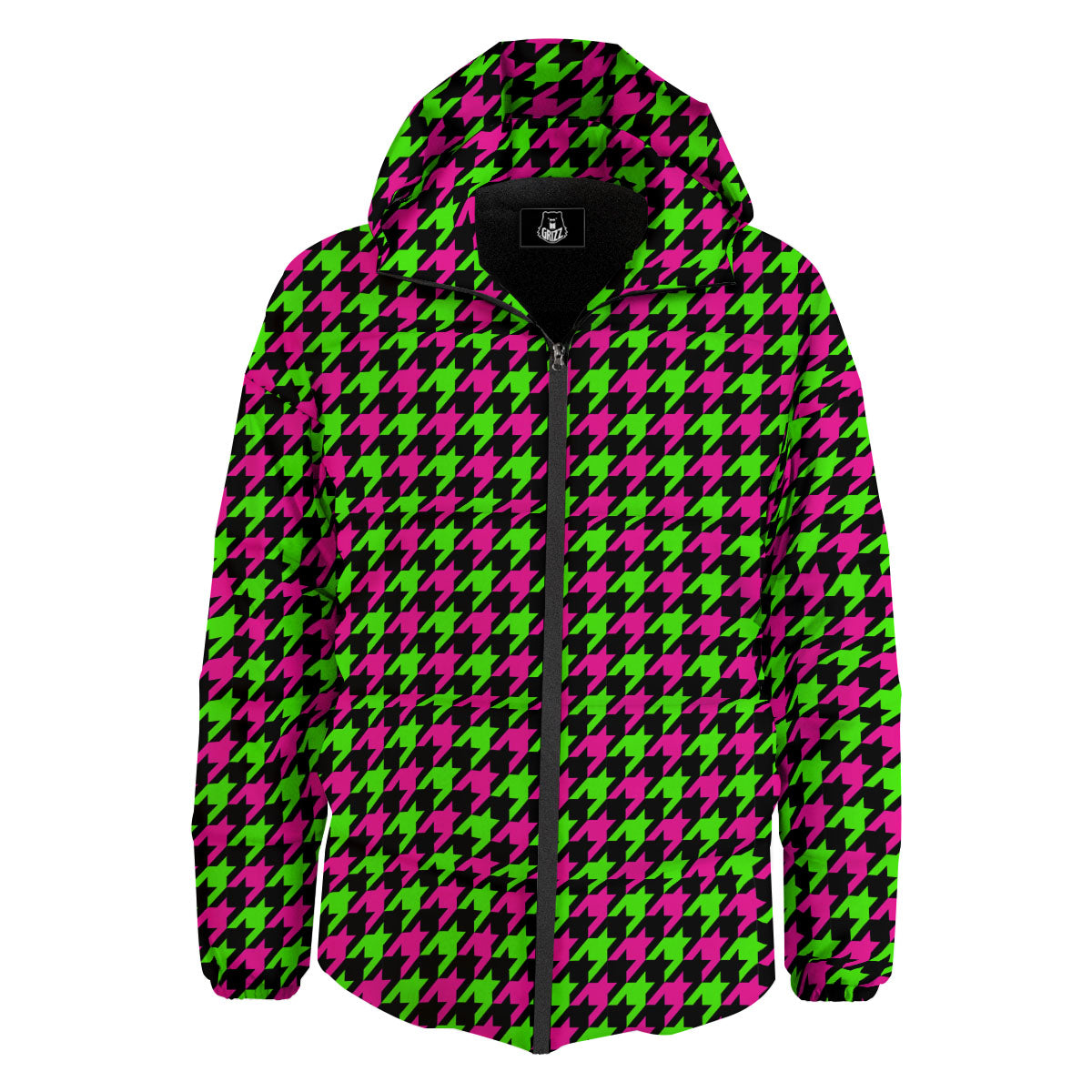 Houndstooth Green And Pink Print Pattern Down Jacket-grizzshop