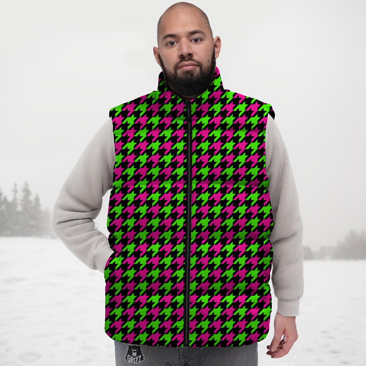 Houndstooth Green And Pink Print Pattern Down Vest